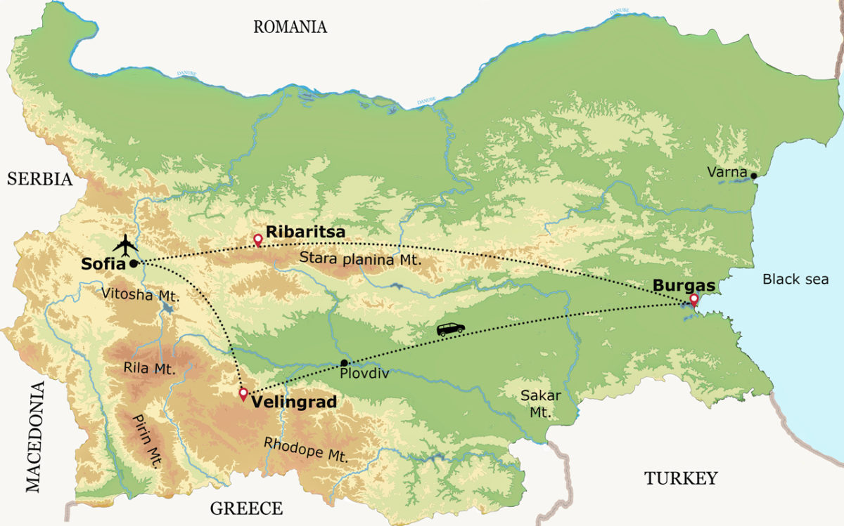 esquema del viaje de avistamiento de aves raras en Bulgaria